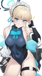 Rule 34 | 1girl, ?, absurdres, arm support, bare shoulders, black gloves, black leotard, blonde hair, blue archive, blue bow, blue bowtie, blue eyes, blue leotard, blue ribbon, bow, bowtie, breasts, commentary request, covered collarbone, covered navel, duplicate, earpiece, elbow gloves, fingerless gloves, frilled hairband, frills, frown, gloves, groin, hair ribbon, hairband, halo, hand up, highleg, highleg leotard, highres, ildy, impossible clothes, impossible leotard, leotard, looking at viewer, maid headdress, medium breasts, microphone, pixel-perfect duplicate, ribbon, sideboob, sidelocks, simple background, sleeveless turtleneck leotard, solo, thigh strap, thighs, toki (blue archive), two-tone leotard, white background, white hairband