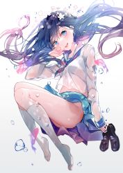 Rule 34 | 1girl, blue eyes, blue hair, fish, flower, highres, holding, holding shoes, long sleeves, miwano rag, open mouth, original, pleated skirt, sailor, shoes, skirt, thighs, unworn shoes, white legwear