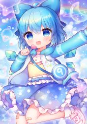Rule 34 | 1girl, ahoge, bag, bandaid, bandaid on leg, blue bow, blue eyes, blue hair, blue skirt, blush, bow, candy, cirno, coa (chroo x), commentary request, detached wings, fairy, food, frilled skirt, frills, hair between eyes, hair bow, holding, holding candy, holding food, ice, ice wings, jacket, long sleeves, looking at viewer, open clothes, open jacket, open mouth, pink footwear, shoes, short hair, skirt, smile, socks, solo, touhou, white jacket, white socks, wings