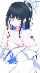 Rule 34 | 1girl, bare shoulders, black hair, blue archive, blue eyes, blue hair, breasts, choker, cleavage, closed mouth, colored inner hair, commentary request, dress, halo, highres, ichiki 1, large breasts, looking at viewer, multicolored hair, official alternate costume, official alternate hairstyle, saori (blue archive), saori (dress) (blue archive), simple background, solo, strapless, strapless dress, upper body, v-shaped eyebrows, white background, white choker, white dress