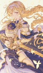 Rule 34 | 1girl, alice zuberg, armor, blonde hair, blue cape, blush, body armor, braid, braided ponytail, breastplate, cape, closed mouth, commentary request, faulds, fighting stance, gauntlets, gold, gold armor, gold gloves, headpiece, highres, holding, holding sword, holding weapon, hxxg, knight, long hair, osmanthus blade, pauldrons, plate armor, ready to draw, shoulder armor, single braid, smile, sword, sword art online, sword art online: alicization, very long hair, weapon, white armor