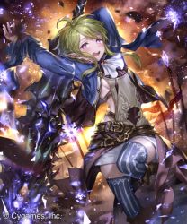 Rule 34 | 1girl, :d, ahoge, arms up, blonde hair, blue jacket, blue thighhighs, breasts, brown footwear, floating hair, holding, holding weapon, irua, jacket, long sleeves, open clothes, open jacket, open mouth, pointy ears, purple eyes, shingeki no bahamut, short hair with long locks, short shorts, shorts, sideboob, sidelocks, small breasts, smile, solo, striped clothes, striped thighhighs, thighhighs, vertical-striped clothes, vertical-striped thighhighs, weapon, white shorts