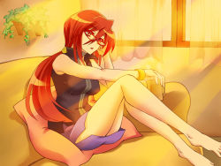 Rule 34 | 1girl, adjusting eyewear, bare arms, bare legs, bare shoulders, barefoot, breasts, couch, creatures (company), cup, curtains, elite four, game freak, glasses, ichimu (1727), indoors, large breasts, long hair, looking at viewer, lorelei (pokemon), miniskirt, mug, nintendo, pokemon, pokemon frlg, ponytail, red eyes, red hair, sitting, skirt, sleeveless, sunlight