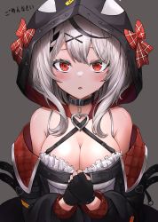 Rule 34 | 1girl, absurdres, belt, black belt, black choker, black gloves, black hair, black jacket, blouse, blush, bow, breasts, choker, cleavage, commentary, crying, crying with eyes open, fingerless gloves, gloves, hair ornament, highres, hololive, hood, hood up, jacket, large breasts, lds (dstwins97), long hair, looking at viewer, multicolored hair, off shoulder, open clothes, open jacket, parted lips, plaid, plaid bow, red bow, red eyes, revision, sakamata chloe, shirt, silver hair, simple background, solo, streaked hair, tears, translated, upper body, virtual youtuber, white shirt, x hair ornament