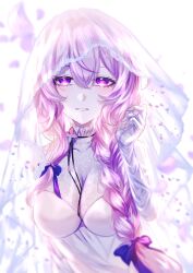 Rule 34 | 1girl, 30 byou suwa, alternate costume, black swan (honkai: star rail), braid, breasts, bridal veil, commentary request, dress, gloves, grin, highres, honkai: star rail, honkai (series), large breasts, long hair, looking at viewer, purple eyes, purple hair, smile, solo, upper body, veil, very long hair, white dress, white gloves