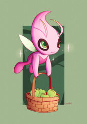 Rule 34 | alternate color, artisadie, basket, celebi, commentary, creature, creatures (company), english commentary, flying, food, fruit, full body, game freak, gen 2 pokemon, green background, green eyes, highres, holding, holding basket, legendary pokemon, mythical pokemon, nintendo, no humans, pokemon, pokemon (creature), shiny pokemon, signature, simple background, solo, sparkle