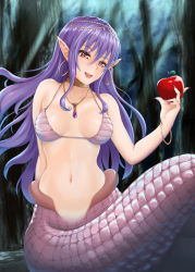 Rule 34 | 1girl, apple, bare shoulders, bikini, bikini top only, bra, bracelet, breasts, collarbone, earrings, female focus, fingernails, food, forest, fruit, holding, jewelry, lamia, long fingernails, long hair, midriff, monster, monster girl, nail polish, nature, navel, necklace, norte, open mouth, original, pendant, pink eyes, pink nails, pointy ears, purple hair, red eyes, scales, sitting, smile, solo, swimsuit, underwear