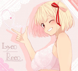 Rule 34 | 1girl, absurdres, blush, bob cut, bra, breasts, character name, finger gun, from side, grin, hair ribbon, hand up, heart, highres, looking at viewer, looking to the side, lycoris recoil, medium breasts, nishikigi chisato, one eye closed, one side up, pink background, polka dot, polka dot background, red eyes, red ribbon, ribbon, shadow, short hair, smile, solo, tomu (tom 309k), underwear, upper body, white bra