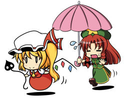 Rule 34 | 0 0, 2girls, :d, = =, aitsugawa rui, bad id, bad pixiv id, beret, blonde hair, blush stickers, bow, chasing, chibi, china dress, chinese clothes, commentary request, dress, flandre scarlet, floating, flying sweatdrops, full body, hat, hat bow, holding, hong meiling, laevatein, long hair, mob cap, multiple girls, open mouth, parasol, red hair, running, shadow, shoes, short hair, short sleeves, side ponytail, side slit, simple background, skirt, skirt set, smile, star (symbol), sweatdrop, touhou, umbrella, white background, wings