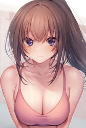 Rule 34 | 1girl, :3, amane ruri, bare shoulders, blush, breasts, brown background, brown hair, cleavage, closed mouth, collarbone, commentary request, crossed bangs, gradient background, grey background, hair between eyes, high ponytail, highres, large breasts, light particles, long hair, looking at viewer, mole, mole on breast, original, pink sports bra, ponytail, purple eyes, sidelocks, skindentation, smile, solo, sports bra, sweat, upper body, white background