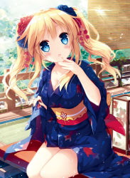 Rule 34 | 1girl, :o, animal print, bare legs, blonde hair, blue eyes, blue flower, blue kimono, blush, breasts, cleavage, clothes lift, collarbone, cowboy shot, cropped, day, dengeki moeou, fingernails, fish print, flower, hair flower, hair ornament, hand to own mouth, highres, indoors, japanese clothes, kimono, large breasts, lifted by self, long fingernails, long hair, looking at viewer, mochizuki shiina, nail polish, non-web source, obi, open mouth, original, pink nails, red flower, sash, scan, sitting, skirt, skirt lift, solo, star (symbol), star print, twintails, veranda