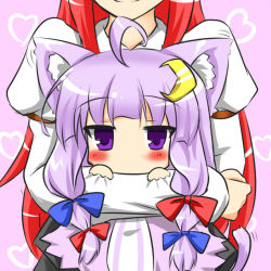Rule 34 | 2girls, ahoge, animal ears, blush, carrying, cat ears, cat tail, chibi, coat, crescent, crescent hair ornament, crossed arms, dress, hair ornament, hair ribbon, head out of frame, heart, juliet sleeves, kemonomimi mode, koakuma, long hair, long sleeves, looking at viewer, multiple girls, open clothes, open coat, parody, patchouli knowledge, puffy sleeves, purple eyes, purple hair, red hair, ribbon, rody (hayama yuu), shirt, skirt, skirt set, smile, striped clothes, striped dress, style parody, tail, touhou, tress ribbon, very long hair, vest