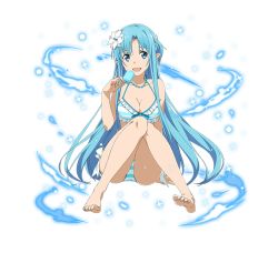 Rule 34 | 1girl, :d, asuna (sao), asuna (sao-alo), barefoot, bead necklace, beads, bikini, bikini top only, blue eyes, blue hair, blue theme, breasts, cleavage, collarbone, feet, flower, food, frilled bikini, frills, full body, hair flower, hair ornament, halterneck, holding, holding food, hydrokinesis, ice cream, jewelry, knees together feet apart, long hair, looking at viewer, medium breasts, necklace, official art, open mouth, pointy ears, popsicle, sitting, smile, solo, striped bikini, striped clothes, swimsuit, sword art online, toes, transparent background, very long hair, water, white flower