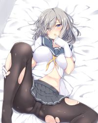 Rule 34 | 10s, 1girl, :o, black pantyhose, blue eyes, blush, breasts, eyes visible through hair, female focus, gloves, hair ornament, hair over one eye, hairclip, hamakaze (kancolle), hand on leg, jiino, kantai collection, large breasts, looking at viewer, lying, navel, on back, open clothes, open mouth, open shirt, panties, panties under pantyhose, pantyhose, pleated skirt, school uniform, serafuku, shirt, short hair, short sleeves, silver hair, skirt, solo focus, spread legs, torn clothes, torn legwear, underwear, white gloves