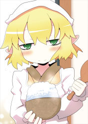 Rule 34 | 1girl, 221 (tsutsuichi), alternate costume, apron, blonde hair, blush, bowl, brown kimono, closed mouth, commentary request, green eyes, head scarf, housewife, japanese clothes, kappougi, kimono, looking at viewer, mizuhashi parsee, pointy ears, rice, rice bowl, shamoji, short hair, smile, solo, tenugui, touhou, upper body