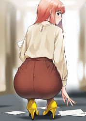 Rule 34 | 1girl, ass, blue eyes, blurry, blurry background, brown hair, commentary, doushimasho, high heels, highres, long hair, looking back, office lady, original, pantyhose, pantylines, paper, pencil skirt, profile, reaching, skirt, solo, squatting