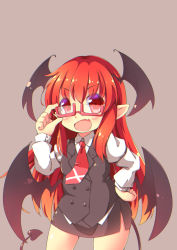 Rule 34 | &gt;:d, 1girl, :d, adjusting eyewear, bat wings, chibi, chromatic aberration, collared shirt, cowboy shot, demon tail, demon wings, dress shirt, embodiment of scarlet devil, eyebrows, fang, glasses, grey background, hand on own hip, head wings, highres, koakuma, kt cano, miniskirt, necktie, open mouth, pointy ears, red eyes, red hair, red necktie, shirt, simple background, skirt, skirt set, smile, solo, tail, thighs, touhou, v-shaped eyebrows, vest, wings