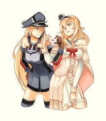 Rule 34 | 10s, 2girls, anchor hair ornament, bare shoulders, bismarck (kancolle), blonde hair, blue eyes, braid, corset, cowboy shot, cross, crown, detached sleeves, dress, elbow gloves, eye contact, flower, french braid, garter straps, gloves, grey legwear, hair between eyes, hair ornament, hands on own hips, hat, iron cross, kantai collection, kriegsmarine, leaning forward, long hair, long sleeves, looking at another, military, military hat, military uniform, mini crown, multiple girls, off-shoulder dress, off shoulder, parted lips, peaked cap, red flower, red rose, rose, simple background, smile, standing, thighhighs, uniform, warspite (kancolle), weidashming, white background, white dress, white legwear