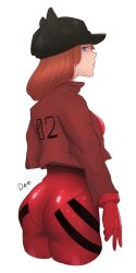 Rule 34 | 1girl, ass, baseball cap, bodysuit, bodysuit under clothes, breasts, brown hair, evangelion: 3.0 you can (not) redo, hat, highres, interface headset, jacket, long hair, looking at viewer, looking back, medium breasts, neon genesis evangelion, perkydee, plugsuit, rebuild of evangelion, red bodysuit, shiny clothes, simple background, solo, souryuu asuka langley, standing, track jacket, two side up