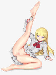 Rule 34 | 1girl, arm support, bad id, bad pixiv id, barefoot, blonde hair, blunt bangs, breasts, censored, commentary request, dress, dynamite tomokazu, emilie de rochefort, female focus, fingerless gloves, fingernails, full body, gloves, highres, kneepits, leg lift, leg up, long hair, looking at viewer, lying, mosaic censoring, namco, narrow waist, no panties, on ground, parted lips, purple eyes, pussy, shiny skin, simple background, small breasts, soles, solo, spread legs, tekken, toenails, toes, white dress, white gloves