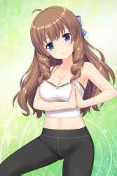 Rule 34 | 1girl, absurdres, ahoge, alternative girls, arimura shion, armpits, bare arms, blue eyes, breasts, brown hair, cleavage, closed mouth, green background, highres, long hair, looking at viewer, official art, own hands together, smile, solo, sportswear, tank top, white tank top