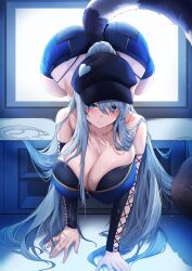 Rule 34 | 1girl, absurdres, bare shoulders, baseball cap, blue eyes, blue hair, blue shorts, blush, breasts, cleavage, commission, crop top, deogho (liujinzy9854), detached sleeves, hat, hat ornament, heart, heart hat ornament, high ponytail, highres, large breasts, light blue hair, long hair, looking at viewer, original, screen, short shorts, shorts, solo, tail, through medium, through screen
