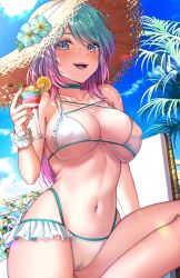 Rule 34 | 1girl, aqua eyes, aqua hair, breasts, cameltoe, choker, cleft of venus, cloud, covered erect nipples, day, drinking, fangs, fingernails, flower, gradient hair, hat, hat flower, highres, large breasts, long hair, looking at viewer, multicolored hair, nail polish, pink hair, saruei, silvervale, solo, swept bangs, swimsuit, virtual youtuber, vshojo