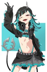 Rule 34 | 1girl, nanashi inc., akitetsu, arm up, belt, belt bra, black gloves, black hair, black jacket, black skirt, blue background, blue belt, blue hair, chest belt, clothing cutout, contrapposto, cowboy shot, cropped jacket, cross-laced clothes, cross-laced sleeves, demon girl, demon horns, demon tail, fang, flat chest, gloves, grey skirt, highres, horns, jacket, layered skirt, long hair, long sleeves, looking at viewer, midriff, multicolored hair, navel, one eye closed, open clothes, open jacket, open mouth, partially fingerless gloves, pointy ears, red eyes, shishio chris, shoulder cutout, simple background, skirt, smile, solo, sugar lyric, tail, two-tone hair, virtual youtuber, white background, zipper skirt