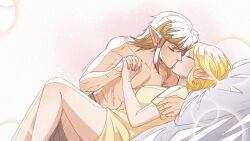 Rule 34 | 1boy, 1girl, battle scarred, bed sheet, blonde hair, breasts, closed eyes, couple, dress, earrings, feet out of frame, hair between eyes, hand on another&#039;s shoulder, hetero, highres, holding hands, interlocked fingers, jewelry, kiss, link, medium breasts, medium hair, nintendo, on bed, parted bangs, pillow, pink background, pointy ears, princess zelda, reclining, short dress, short hair, short sleeves, sidelocks, the legend of zelda, the legend of zelda: breath of the wild, the legend of zelda: tears of the kingdom, topless male, wildstar69, yellow dress