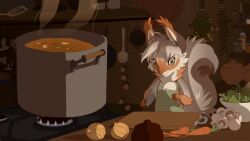 Rule 34 | 1girl, 2023, acorn, animal ears, animated, animated gif, apron, artist name, brown fur, carrot, closed mouth, commentary, cooking, cooking pot, cutting board, english commentary, fire, fire, furry, furry female, green apron, indoors, kitchen, kitchen knife, making-of, mushroom, onion, original, ostinlein, shelf, soup ladle, spatula, squirrel ears, squirrel girl, squirrel tail, steam, stove, tail, white fur
