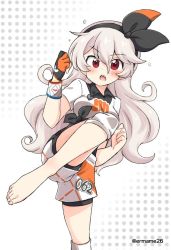 Rule 34 | 1girl, barefoot, bea (pokemon), bea (pokemon) (cosplay), black ribbon, blush, bodysuit, bodysuit under clothes, commentary request, corrin (female) (fire emblem), corrin (fire emblem), cosplay, covered navel, creatures (company), eromame, fire emblem, fire emblem fates, game freak, gloves, grey hair, gym leader, hair between eyes, hair ornament, hair ribbon, hairband, long hair, looking at viewer, nintendo, open mouth, pointy ears, pokemon, pokemon swsh, red eyes, ribbon, shirt, short sleeves, shorts, simple background, standing, standing on one leg, sweat, white hair, white shirt, wristband