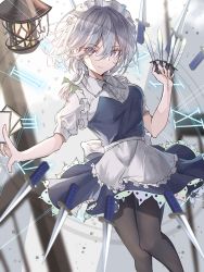 Rule 34 | 1girl, apron, arm up, black pantyhose, blue dress, blue eyes, bow, braid, breasts, buttons, card, clock, closed mouth, collar, dress, frills, green bow, grey background, hair between eyes, hair bow, hands up, hegata (hegatia lapis), highres, izayoi sakuya, knife, looking at viewer, maid, maid apron, maid headdress, medium breasts, pantyhose, puffy short sleeves, puffy sleeves, short hair, short sleeves, silver hair, smile, solo, touhou, twin braids, white apron, white background, white bow, white collar, white sleeves