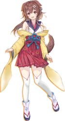 1girl :3 :d animal_ears bone_hair_ornament brown_eyes brown_hair cartoon_bone dog_ears dog_girl dog_tail double-parted_bangs full_body geta hair_between_eyes hair_ornament hairclip hakama hakama_short_skirt hakama_skirt high-waist_skirt highres hololive inugami_korone japanese_clothes kimono long_hair long_sleeves looking_at_viewer official_alternate_costume official_alternate_hairstyle official_art okobo open_mouth pleated_skirt red_skirt sandals shirt sidelocks simple_background skirt smile socks solo tabi tachi-e tail teeth thighhighs transparent_background upper_teeth_only virtual_youtuber white_shirt white_socks white_thighhighs wide_sleeves yellow_kimono