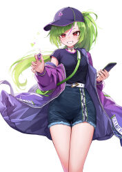 Rule 34 | 1girl, absurdres, backpack, bag, belt, blush, breasts, cellphone, choker, curry bowl, delutaya, diagonal bangs, earbuds, earphones, earrings, green hair, grin, hat, highres, holding, holding phone, indie virtual youtuber, jacket, jewelry, long hair, looking at viewer, off shoulder, phone, red eyes, shorts, simple background, smartphone, smile, solo, virtual youtuber, white background