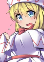 Rule 34 | 1girl, blonde hair, blue eyes, blush, bow, breasts, d:, dress, embarrassed, flying sweatdrops, fun bo, hat, large breasts, lily white, looking at viewer, open mouth, sash, sleeves past wrists, solo, touhou, wavy mouth