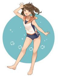 Rule 34 | 1girl, blue one-piece swimsuit, brown eyes, brown hair, collarbone, full body, hair ornament, hairclip, highres, i-401 (kancolle), kantai collection, looking at viewer, one-piece swimsuit, orange sailor collar, ponytail, sailor collar, school swimsuit, shakemi (sake mgmgmg), shirt, short ponytail, side-tie shirt, sleeveless, sleeveless shirt, solo, standing, swimsuit, swimsuit under clothes, white background