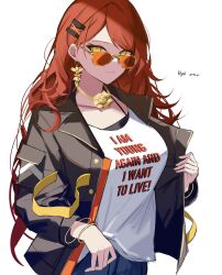 Rule 34 | absurdres, alternate costume, black jacket, bracelet, clothes writing, commentary request, hair ornament, hairclip, highres, himeko (honkai: star rail), honkai: star rail, honkai (series), jacket, jewelry, long sleeves, looking at viewer, red hair, shirt, simple background, sparks summer, sunglasses, upper body, white background, white shirt, yellow eyes
