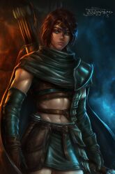 Rule 34 | 1boy, 2024, abs, absurdres, arm wrap, armor, arrow (projectile), artist logo, bare legs, belt pouch, bishounen, black cape, black scarf, bow (weapon), brown hair, cape, circlet, commission, dagger, dragon&#039;s dogma, dragon&#039;s dogma (series), dragon&#039;s dogma 2, gloves, grey eyes, highres, holding, holding dagger, holding knife, holding weapon, knife, leather, leather belt, leather gloves, leather strap, male focus, messy hair, midriff, mrelagan, navel, original, pouch, quiver, scarf, shoulder armor, skirt, tan, upper body, weapon