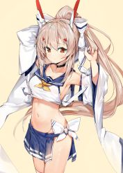 Rule 34 | 1girl, absurdres, arms up, ayanami (azur lane), azur lane, bare shoulders, beige background, black choker, blue sailor collar, blue skirt, blush, bow, breasts, brown eyes, brown hair, choker, closed mouth, collarbone, commentary request, detached sleeves, groin, hair bow, hair ornament, hairclip, headgear, high ponytail, highres, long hair, long sleeves, looking at viewer, medium breasts, midriff, navel, pleated skirt, ponytail, retrofit (azur lane), revision, sailor collar, shirt, silver (chenwen), simple background, skindentation, skirt, sleeveless, sleeveless shirt, solo, thighhighs, very long hair, white bow, white shirt, white sleeves, white thighhighs, wide sleeves, yellow neckwear