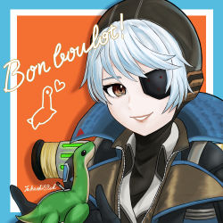 Rule 34 | 1girl, absurdres, animification, apex legends, black gloves, black headwear, black jacket, blue border, blue hair, border, brown eyes, deep current wattson, eyepatch, french text, gloves, heart, highres, holding, holding stuffed toy, jacket, looking at viewer, nessie (respawn), official alternate costume, parted lips, portrait, smile, solo, stuffed toy, takashi59sh, wattson (apex legends)