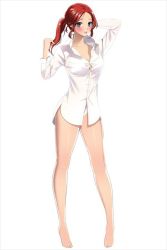 Rule 34 | 1girl, arm behind back, arm up, barefoot, blue eyes, breasts, cleavage, collarbone, dorifutogaazaru, dress shirt, drift girls, full body, long hair, looking at viewer, medium breasts, official art, open clothes, open shirt, panties, ponytail, red hair, sara (dori), sara (drift girls), shiny skin, shirt, simple background, solo, underwear, white background, white panties, white shirt