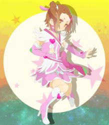 Rule 34 | 1girl, bad id, bad pixiv id, boots, bow, braid, braided bangs, brooch, brown eyes, brown hair, cosplay, cure heart, cure heart (cosplay), detached sleeves, dokidoki! precure, hair bow, heart, heart brooch, highres, kaburagi kaede, knee boots, magical girl, pink footwear, precure, side ponytail, solo, tiger &amp; bunny, washbear1227, yellow eyes