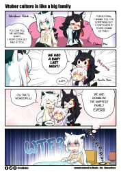 Rule 34 | 3girls, 4koma, absurdres, ahoge, animal ear fluff, animal ears, artist name, bed, bell, black hair, black shorts, blanket, blue eyes, blush, bow, closed eyes, comic, commission, couch, creator connection, english text, fox ears, fox girl, fox tail, green skirt, hair bell, hair ornament, hairclip, hat, highres, hololive, hololive gamers, hood, hoodie, indie virtual youtuber, jacket, kamiko kana, lamp, large bow, long hair, multicolored hair, multiple girls, ookami mio, ookami mio (casual), open mouth, pajamas, pantyhose, phone, rakkidei, red hair, ribbon, second-party source, shaded face, shirakami fubuki, shirakami fubuki (street), shirt, shorts, skirt, speech bubble, tail, thighhighs, virtual youtuber, white background, white hair, white hoodie, wolf ears, wolf tail, yellow bow, yellow eyes, yellow shirt, zettai ryouiki