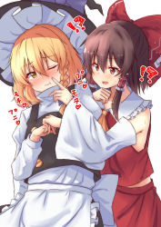 Rule 34 | !?, 2girls, :t, apron, ascot, blonde hair, blush, bow, braid, brown hair, commentary request, detached sleeves, frilled shirt collar, frills, hair bow, hair tubes, hakurei reimu, hat, highres, kirisame marisa, long sleeves, mukkushi, multiple girls, one eye closed, open mouth, red bow, red eyes, single braid, tears, touhou, translation request, waist apron, waist bow, white background, witch hat, yellow ascot, yellow eyes