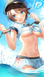 Rule 34 | !?, 1girl, absurdres, alternate costume, asymmetrical legwear, bikini, bikini bottom only, bikini skirt, bikini under clothes, black necktie, blouse, blue eyes, blue hat, blue sky, blush, braid, breasts, brown hair, cleavage, cloud, cloudy sky, collared shirt, commentary request, cowboy shot, cropped shirt, cuffs, day, french braid, furrowed brow, glint, hair ornament, hairclip, handcuffs, hat, highres, holding, holding whistle, hololive, huge filesize, medium breasts, navel, necktie, oozora subaru, open mouth, outdoors, parted bangs, peaked cap, police, police hat, red bikini, see-through, shirt, short hair, short necktie, short sleeves, side-tie bikini bottom, single braid, sky, solo, stomach, sweatdrop, swimsuit, syandega, underboob, virtual youtuber, wading, water, water drop, wet, wet clothes, wet shirt, whistle, whistle around neck, white bikini, white shirt, wing collar