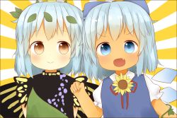 Rule 34 | 2girls, antennae, aqua hair, bad id, bad pixiv id, blue bow, blue dress, blue eyes, blue hair, blush, bow, brown eyes, butterfly wings, cirno, closed mouth, collared shirt, dress, eternity larva, fairy, fang, flower, green dress, hair between eyes, hair bow, ice, ice wings, insect wings, leaf, leaf on head, looking at viewer, multicolored clothes, multicolored dress, multiple girls, open mouth, poco (zdrq3), puffy short sleeves, puffy sleeves, shirt, short hair, short sleeves, single strap, smile, sunflower, tanned cirno, touhou, upper body, white shirt, wings, yellow flower