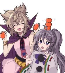 Rule 34 | &gt;:d, 2girls, :d, ahoge, blue eyes, brown hair, cape, closed eyes, commentary request, food, food on head, fruit, fruit on head, grey hair, hair between eyes, holding, holding food, holding fruit, long hair, long sleeves, mandarin orange, mononobe no futo, multiple girls, object on head, open mouth, pointy hair, ponytail, purple cape, ribbon-trimmed sleeves, ribbon trim, short hair, simple background, smile, touhou, toyosatomimi no miko, v-shaped eyebrows, white background, wide sleeves