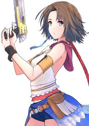 Rule 34 | 1girl, absurdres, armband, bare shoulders, blue eyes, blush, breasts, brown hair, final fantasy, final fantasy x, final fantasy x-2, green eyes, gun, hair ornament, handgun, heterochromia, highres, hood, hoodie, kikuwata, looking at viewer, medium breasts, open mouth, short hair, shorts, simple background, solo, weapon, white background, yuna (ff10)