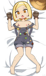 Rule 34 | 1girl, 1nilla&#039;, badge, barefoot, black gloves, blonde hair, breath, chestnut mouth, fate/grand order, fate (series), flat chest, full body, gloves, hat, looking at viewer, lying, naked overalls, on back, orange eyes, overalls, paul bunyan (fate), paul bunyan (third ascension) (fate), short hair, solo, sweat, tears