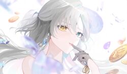 Rule 34 | 1girl, absurdres, bare shoulders, blue eyes, blue gemstone, blurry, blurry foreground, blush, broken glass, coin, earrings, eyelashes, finger to mouth, gem, glass, gloves, grey gloves, grey hair, happy, heterochromia, highres, jewelry, lips, long hair, looking at viewer, original, parted bangs, pink lips, portrait, purple gemstone, sidelocks, single hair intake, smile, solo, totomong, yellow eyes
